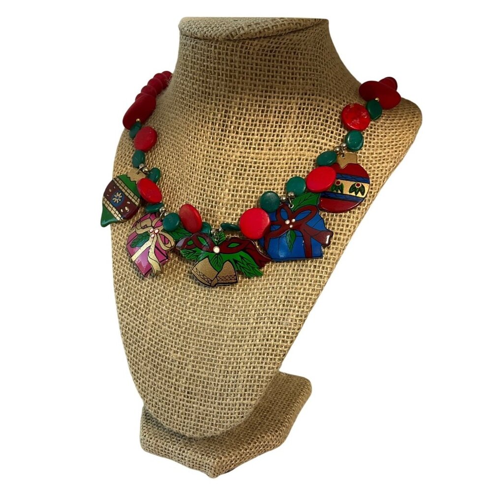 Vintage Handmade Christmas Necklace  Wooden Bead Pendant Dingle Charms 13"